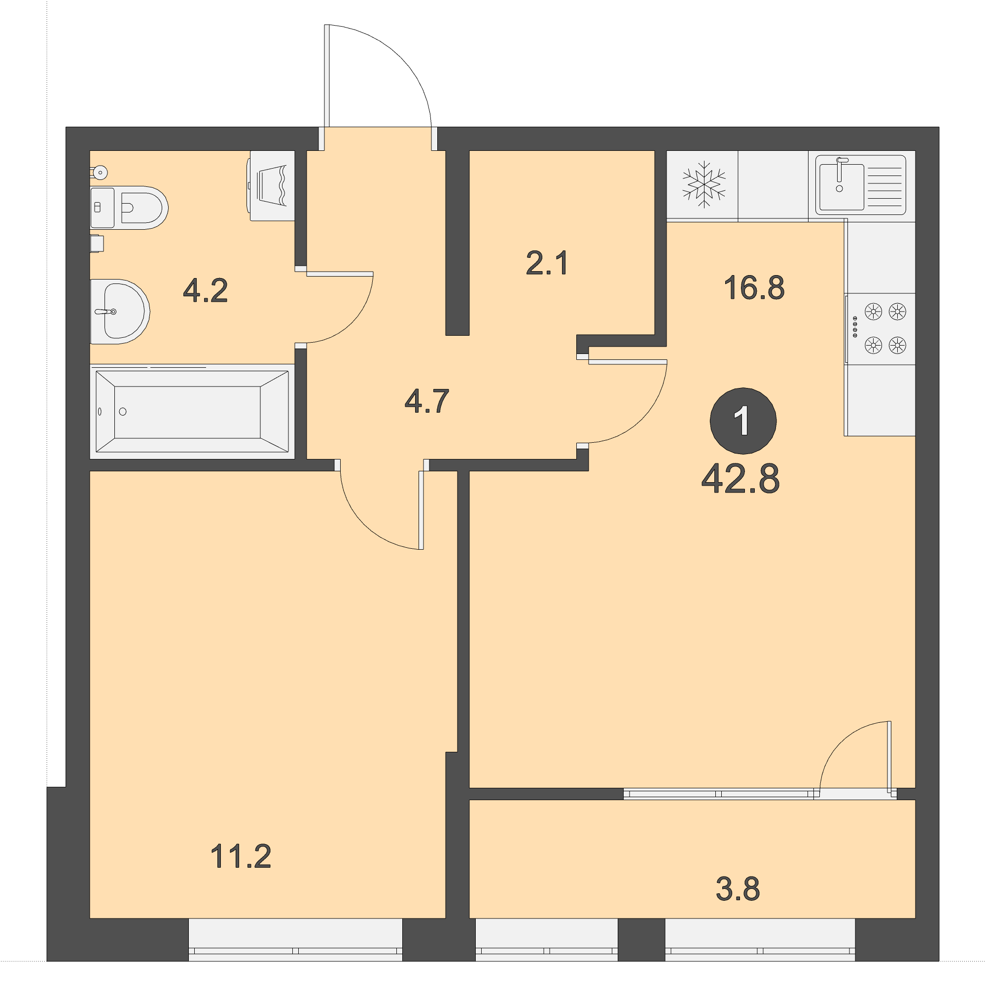 ЖК Дом на Бульваре, 1-комн кв 42,8 м2, за 5 564 000 ₽, 1 этаж